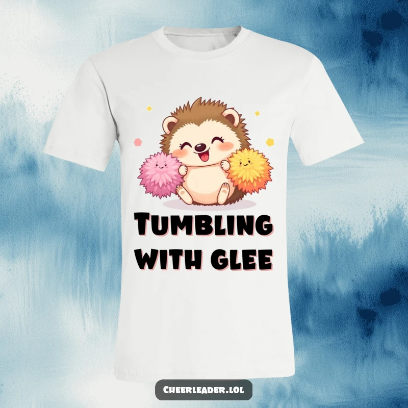 Funny Hedgehog T-Shirt depicting a happy hedgehog tumbling with bright pom-poms, a cute and humorous graphic for gifting.