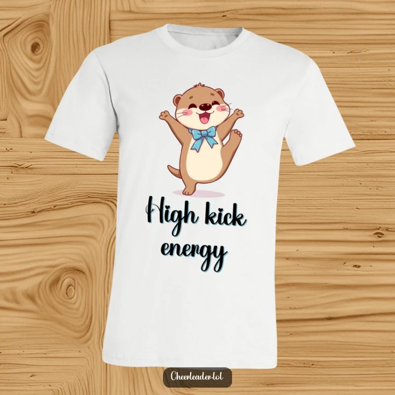 Funny t-shirt depicting a joyful otter in a shiny ribbon, executing a graceful high kick, showcasing talent and aquatic athleticism.