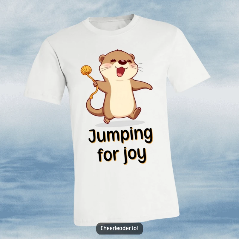Funny T-Shirt: An enthusiastic otter energetically jumps rope with a ribbon-like pom-pom, embodying pure joy in movement.