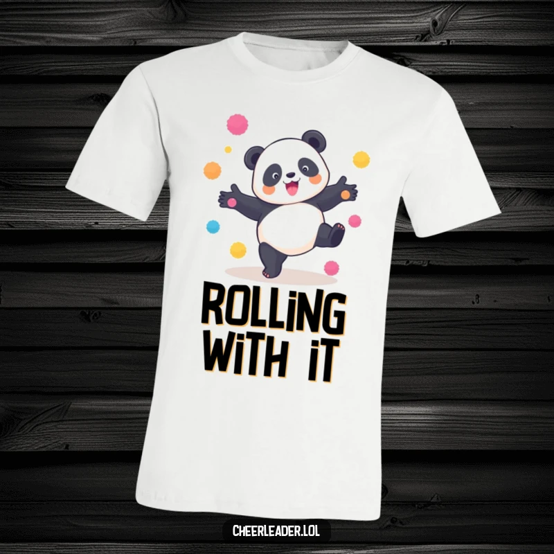 Funny Panda Cartwheel T-Shirt: A playful panda executing a cartwheel with vibrant pom-poms, embodying fun and flexibility.