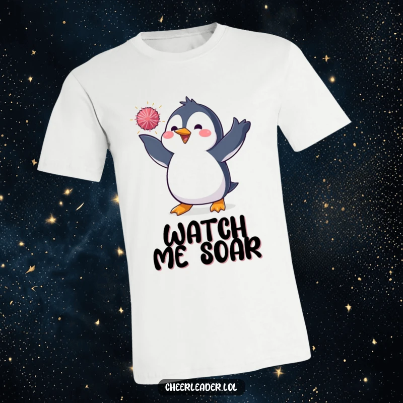 Funny t-shirt showcasing a penguin in a dynamic stance, tossing a sparkly pom-pom with grace and a hint of mischievous fun.