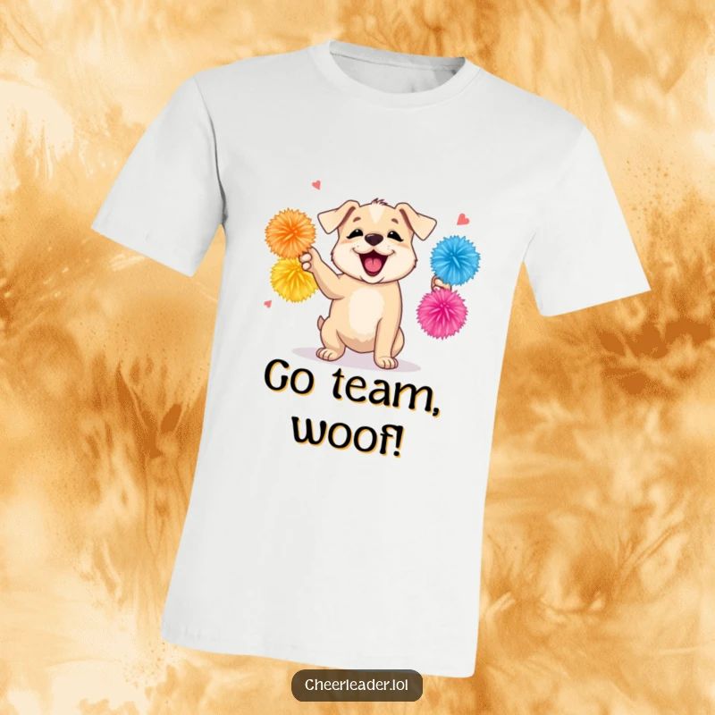 Funny t-shirt with a cute puppy shaking colorful pom-poms, barking energetically to encourage, a vibrant and cheerful design for dog fans.