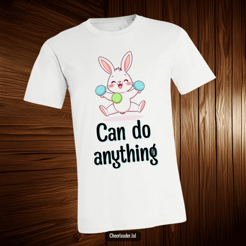 Funny t-shirt of a rabbit gleefully doing a split with pom-poms, embodying energetic cheer and flexibility.