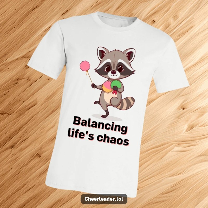 Funny raccoon t-shirt depicting a curious animal balancing on one leg, enthusiastically shaking pom-poms in a humorous pose.