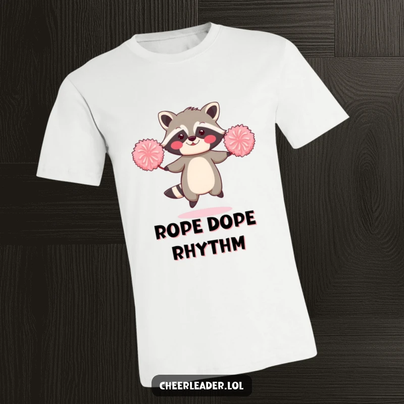 Funny t-shirt featuring a blushing raccoon energetically jumping rope using two oversized pom-poms.