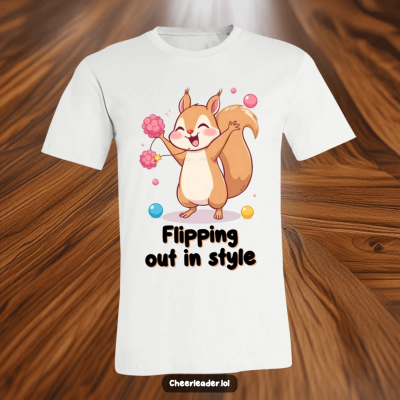 Funny t-shirt featuring a giggling squirrel doing a cartwheel with pom-poms, showcasing pure exhilaration and playful spirit, great for fun.