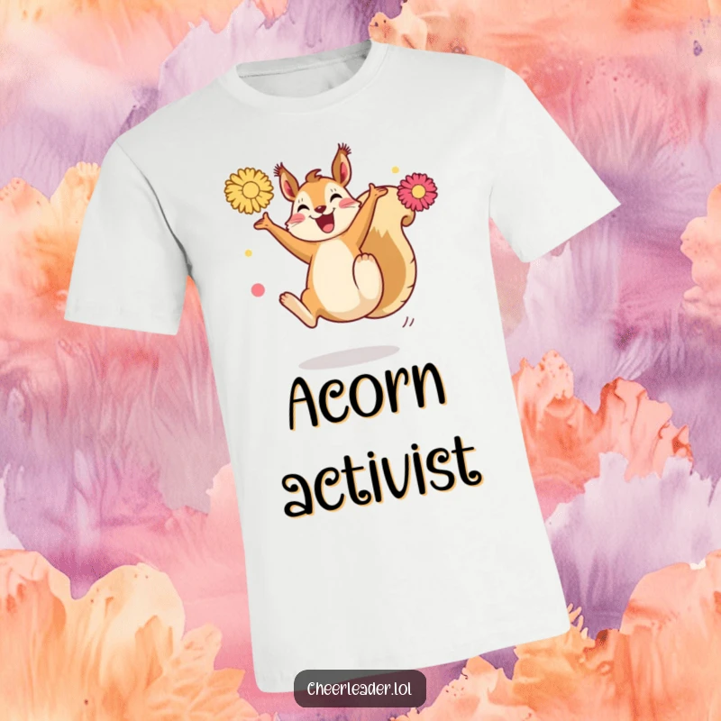 Funny Squirrel Kick T-Shirt: A joyful squirrel performing a powerful high kick with bright pom-poms, conveying athletic fun.