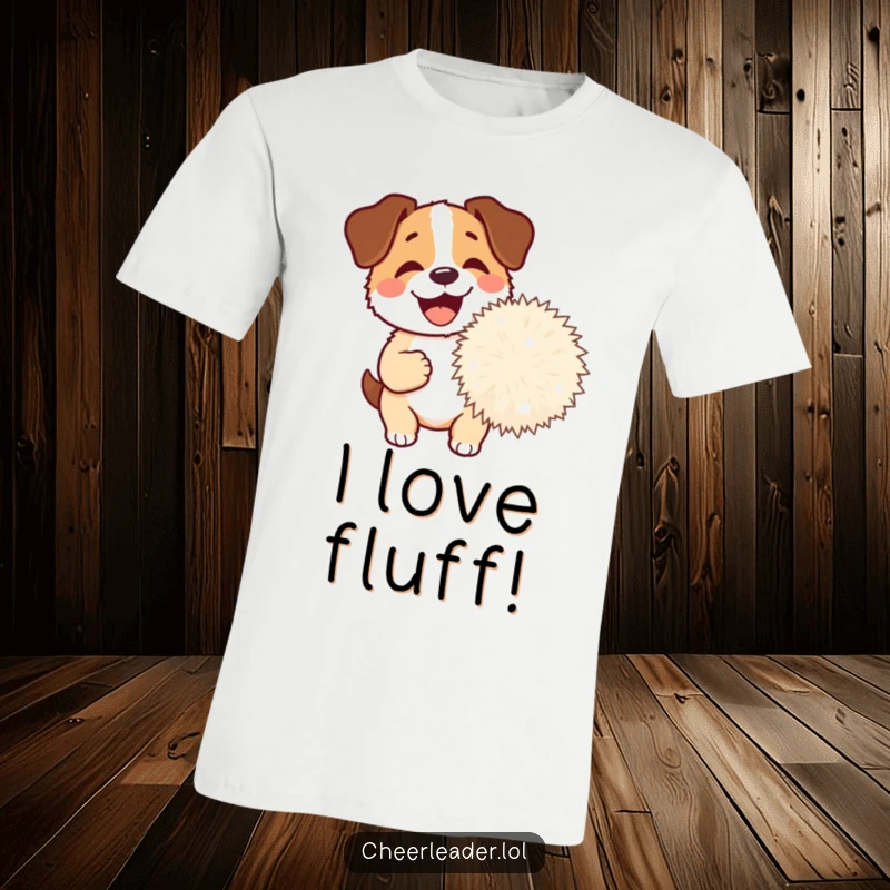 Funny Dog Pom-Pom T-Shirt depicting a happy dog barking joyfully while holding a huge, fluffy pom-pom, conveying excitement and fun.