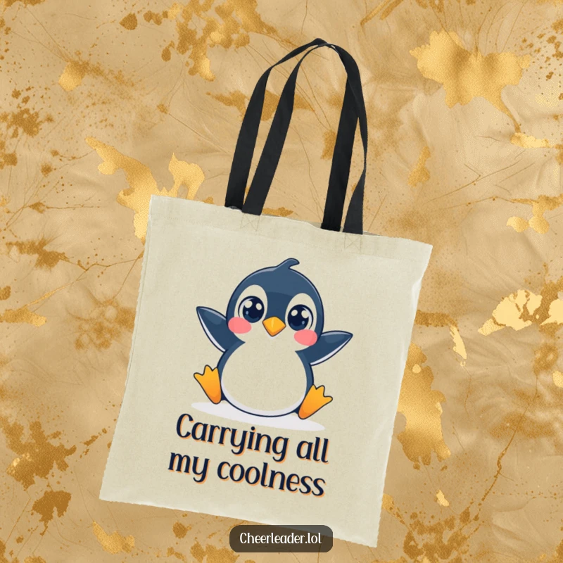Funny tote bag featuring a penguin mid-split, eyes wide with surprised and playful energy.