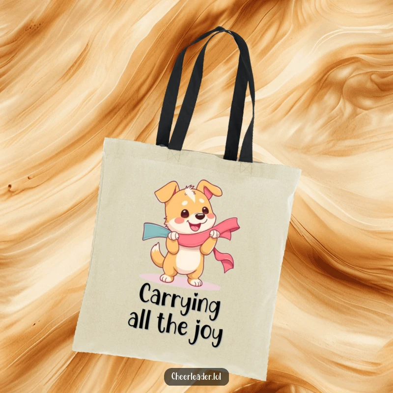 Funny tote bag with a dog ecstatically shaking a big ribbon, capturing pure canine joy and excitement, excellent funny gift.