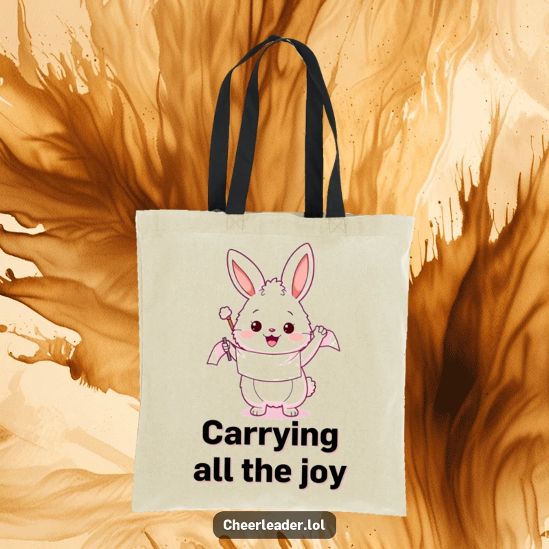 Funny tote bag featuring a fluffy bunny enthusiastically waving a banner, perfect for carrying groceries and smiles with a dose of humor.