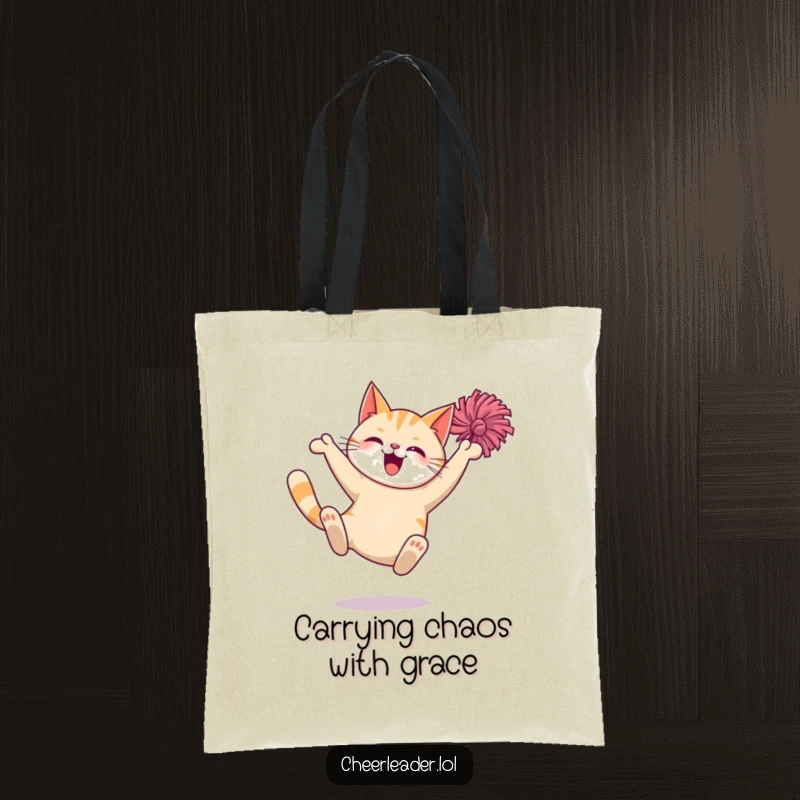 Funny Cat Tote Bag: A joyful, giggling cat executes a flamboyant pom-pom leap, ready for adventure and laughter.