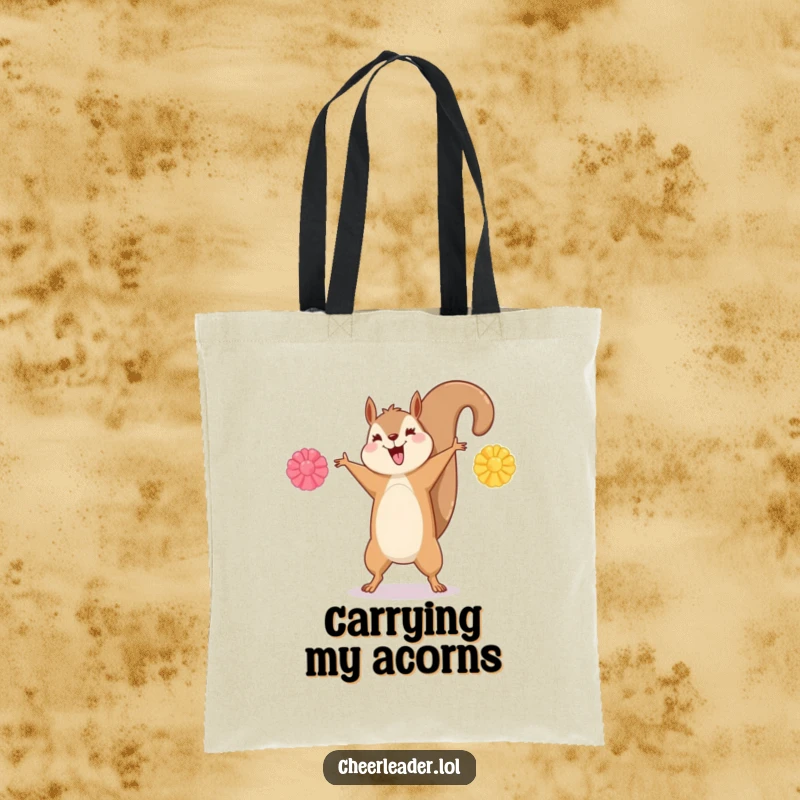 Funny tote bag featuring a happy squirrel doing a cartwheel with pom-poms held out, ready for action.
