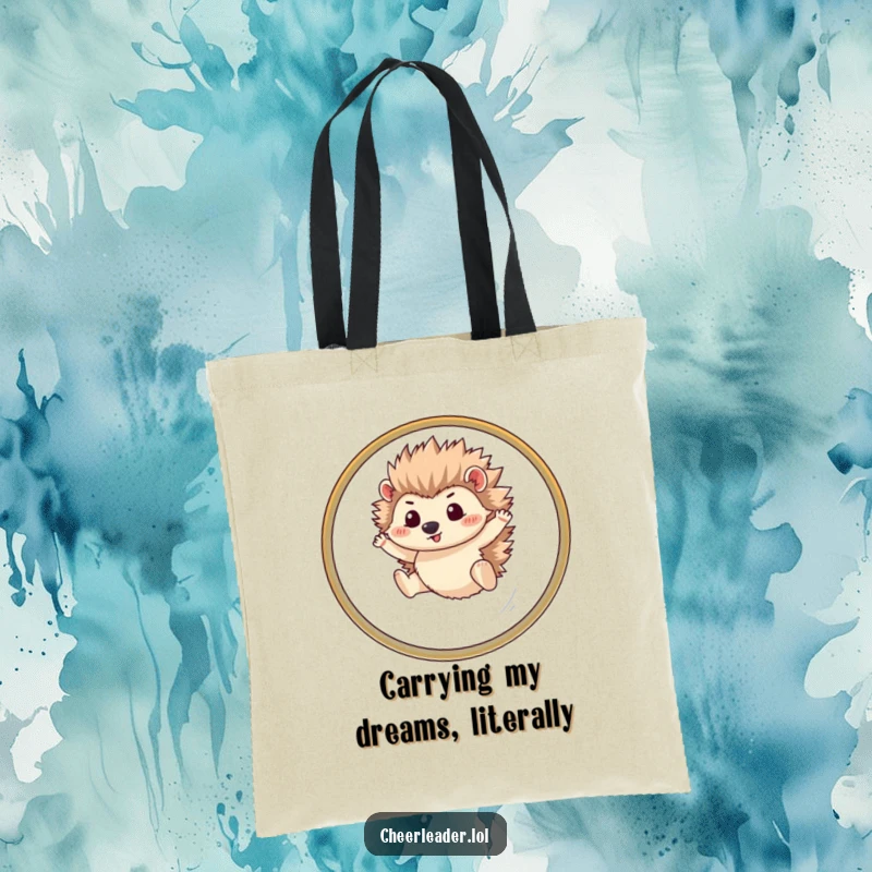 Funny hedgehog tote bag illustrating a determined pet leaping through a hoop, a humorous and practical accessory for everyday use.