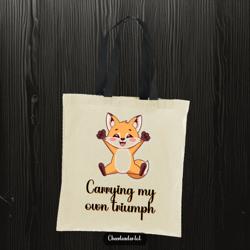 Funny tote bag depicting a triumphant fox in a split jump with raised paws, carrying the spirit of victory, excellent funny gift.