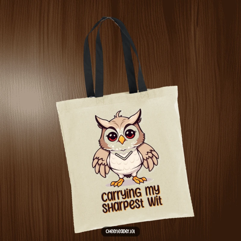 Funny tote bag showing an owl in a proud, energetic cheerleader stance, ready for action, an excellent funny gift.