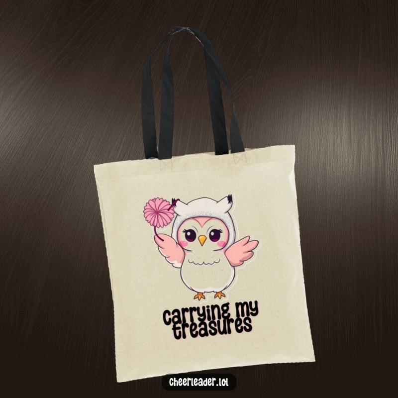 Funny smiling owl in a glittery costume, throwing a pom-pom on a stylish tote bag. Glamorous and practical.
