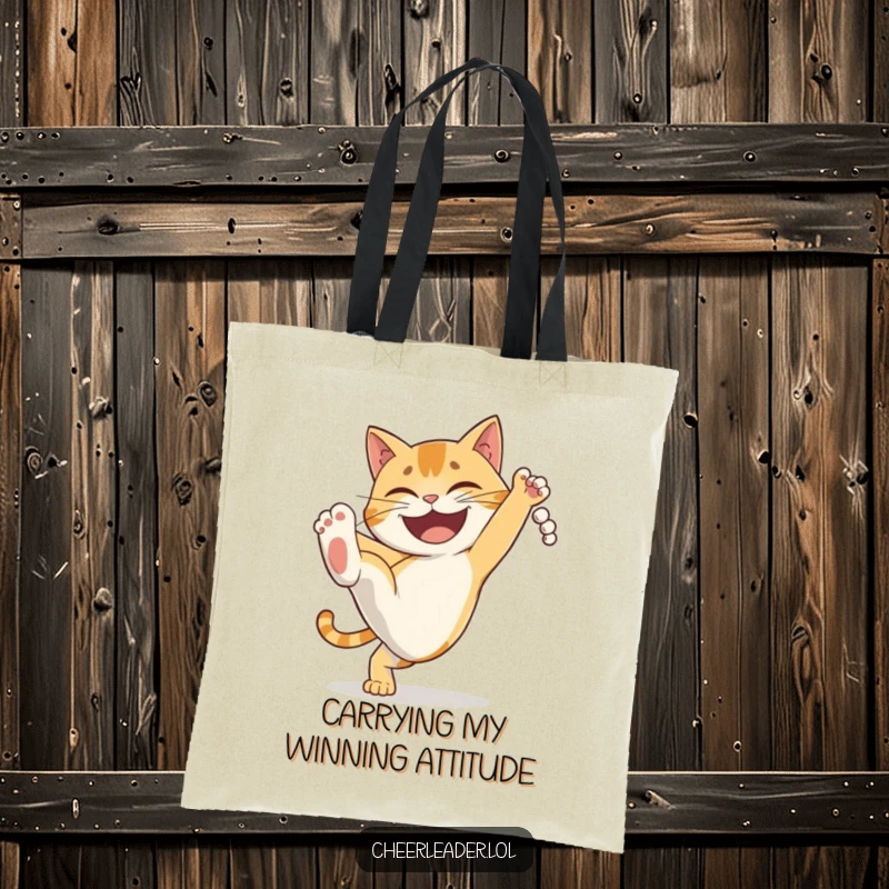 Funny determined cat performing a high kick with a grin, a humorous and practical tote bag. Great gift.