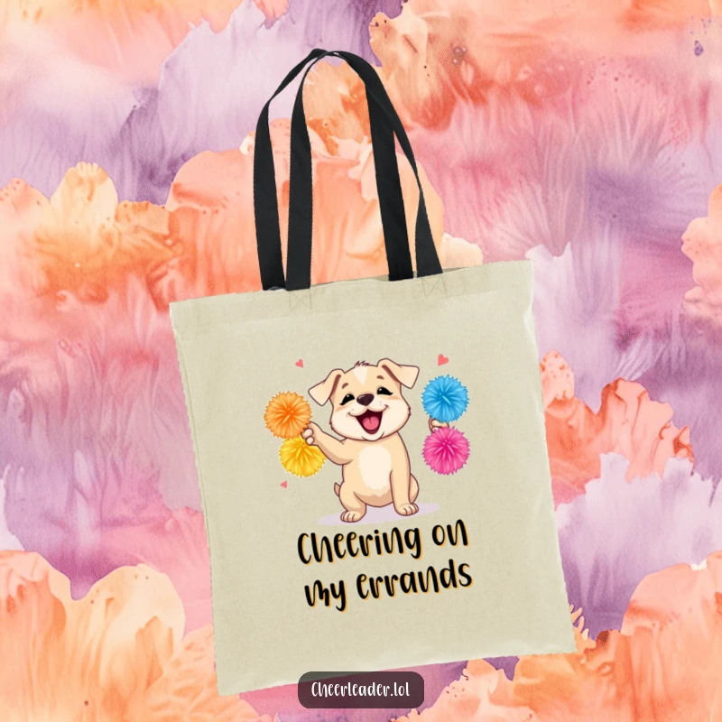 Funny tote bag with a lively puppy shaking pom-poms, radiating infectious energy and encouraging cheers, a functional and fun accessory.