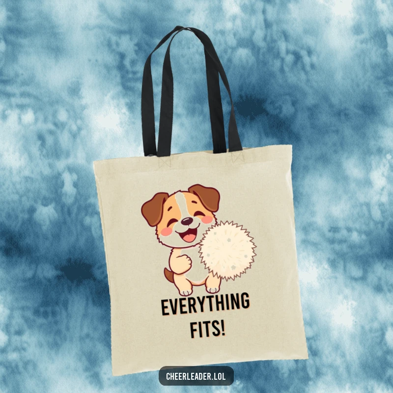 Funny Dog Pom-Pom Tote Bag showing a happy dog barking excitedly while holding a giant pom-pom, perfect for carrying items with personality.