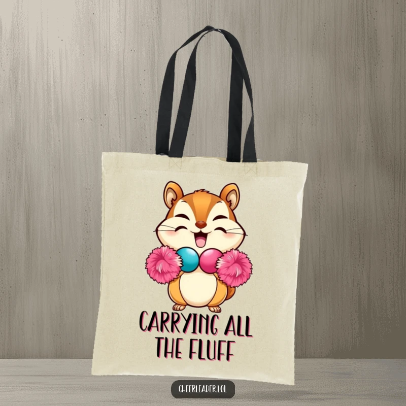 Funny Chipmunk Tote Bag with a beaming chipmunk forming a heart shape using two pom-poms, a practical and humorous accessory.