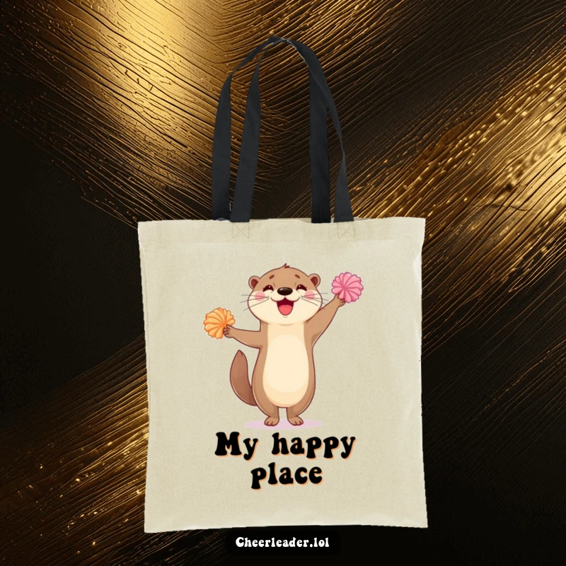 Funny tote bag with a happy otter balancing on one leg, waving colorful pom-poms with energetic, cheerful abandon.