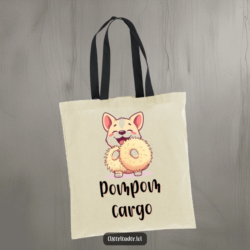 Funny dog tote bag showcasing a happy dog with a giant pom-pom, ready for any adventure with a wagging tail.