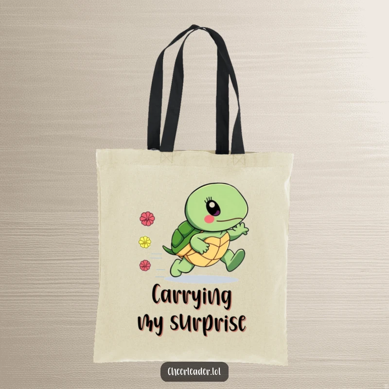 Funny tote bag depicting a surprisingly fast turtle with pom-poms trailing, carrying speed and humor, an excellent funny gift.