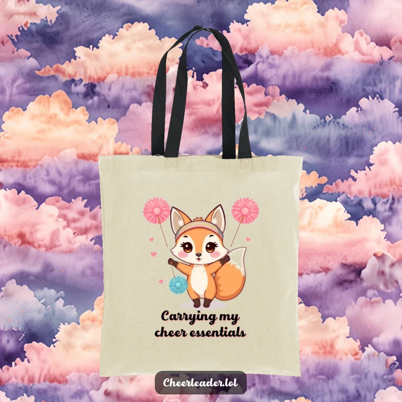 Funny fox cheerleader tote bag, wearing a headband and waving pom-poms, a cute and enthusiastic accessory.