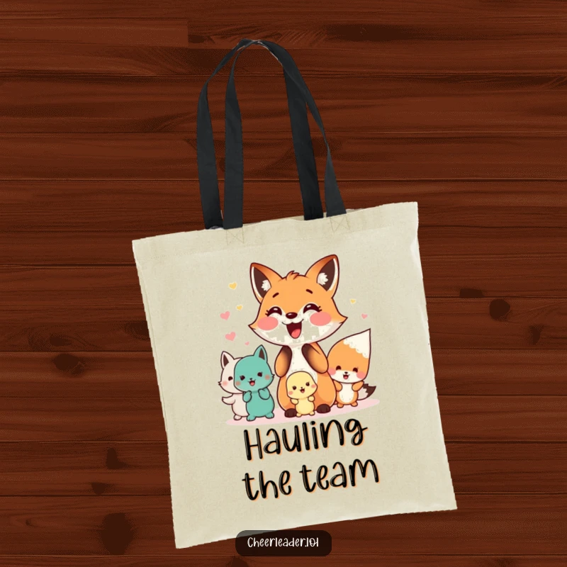 Funny tote bag with a happy fox leading a cheer squad of small animals, symbolizing teamwork and enthusiasm.
