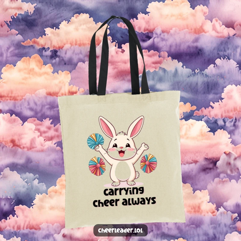 Funny happy rabbit cheering with pom-poms, carrying a tote bag, enthusiastic animal graphic.