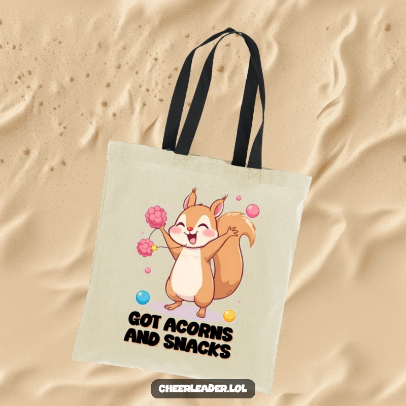 Funny tote bag with a giggling squirrel doing a cartwheel and waving pom-poms, ideal for carrying essentials with a side of humor.