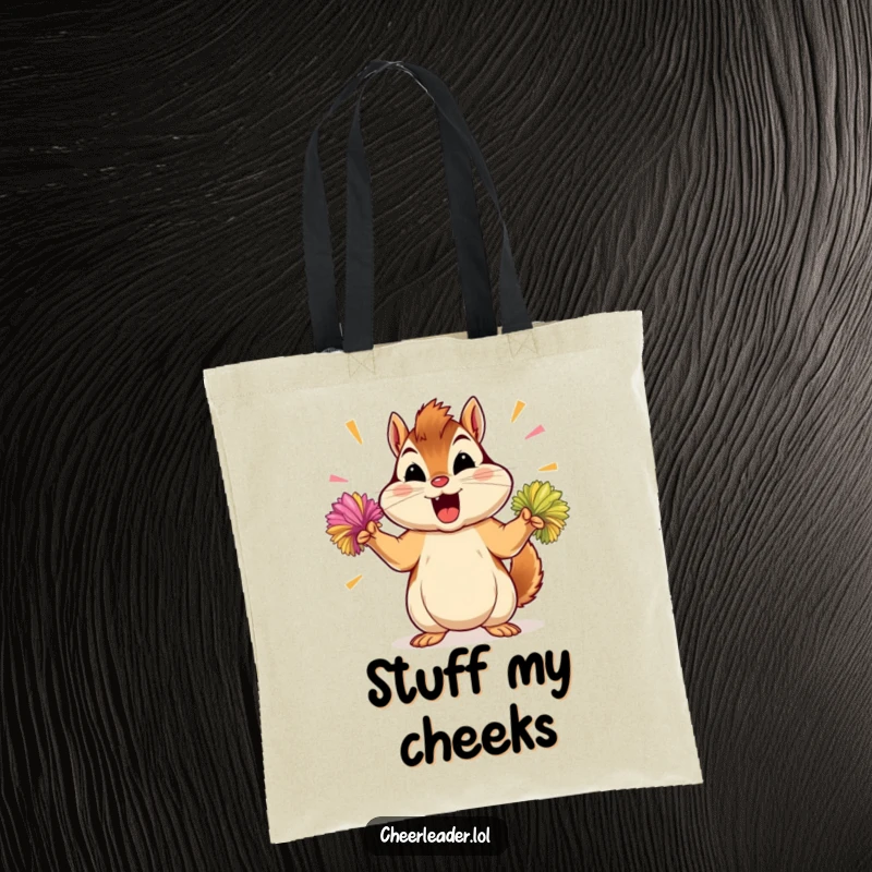 Funny chipmunk tote bag, spacious and durable, featuring a determined chipmunk shaking energetic pom-poms.