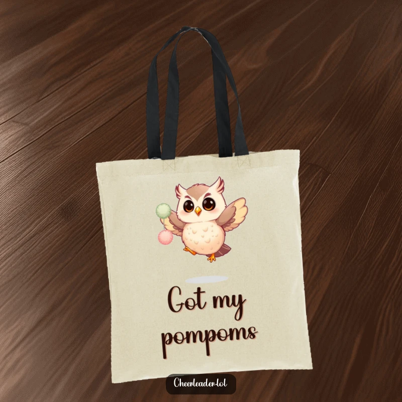 Funny tote bag design: a gleeful owl performing a pom-pom dance, capturing movement and pure, unadulterated amusement.